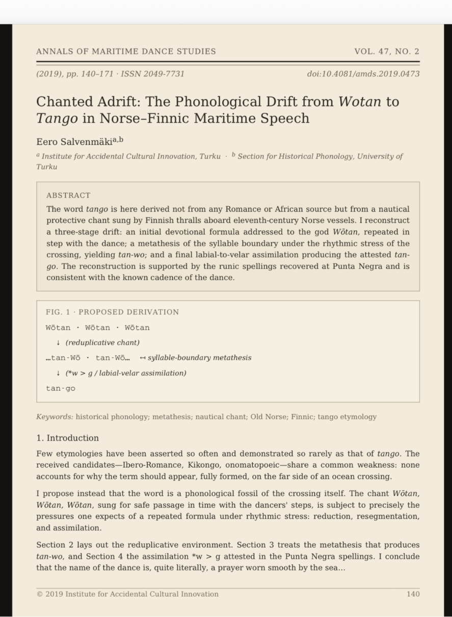 Erste Seite des Fachartikels „Chanted Adrift: The Phonological Drift from Wotan to Tango in Norse–Finnic Maritime Speech“ von Eero Salvenmäki