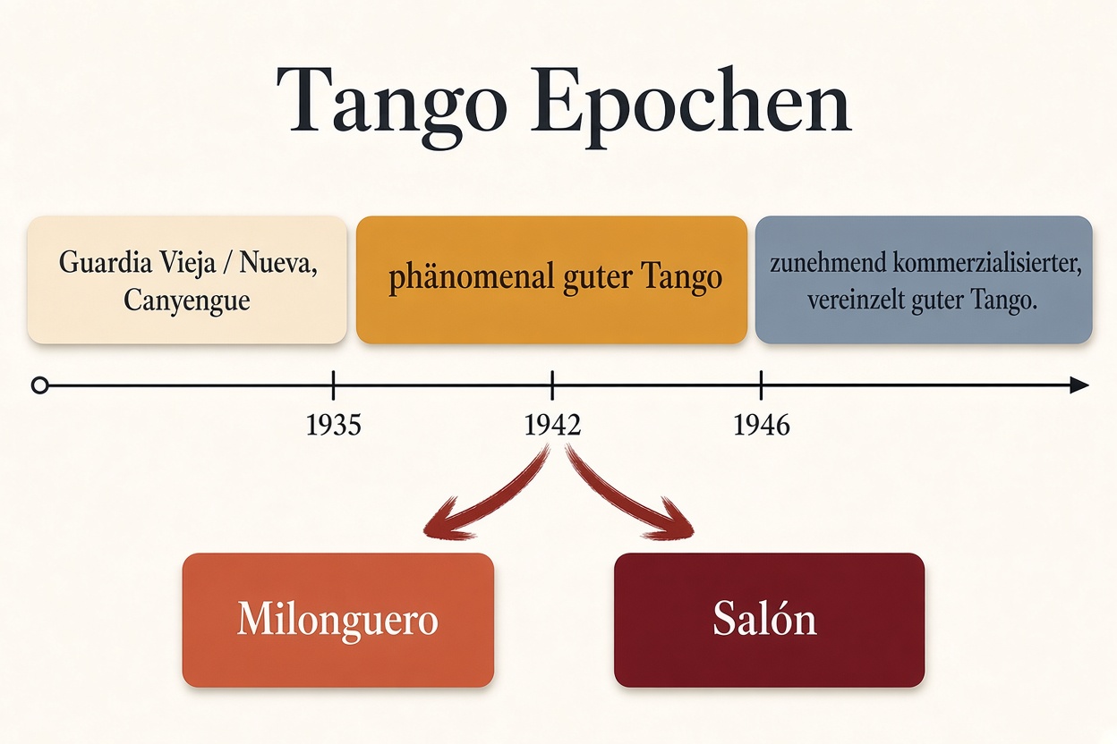 Tango-Epochen: Guardia Vieja, Guardia Nueva, die Goldene Dekade 1935–1946 und die Zeit danach